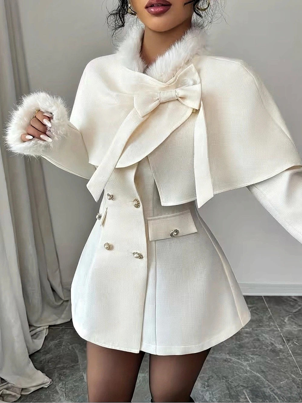 Mima John White Faux Fur Flower-Button Cape & Jacket Dress Set of 2 -Large